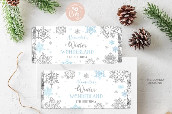 EDITABLE Winter Wonderland Candy Bar Wrapper Winter Birthday Party Favors Snowflakes Blue Silver Chocolate Bar Label PRINTABLE DOWNLOAD SWB4
