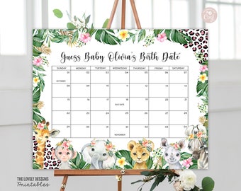 May include: A printable jungle-themed baby shower game. The game is a calendar with the text "Guess Baby Olivia's Birth Date". The calendar is decorated with tropical leaves, flowers, and animal illustrations.