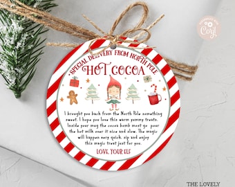 Puede incluir: Una etiqueta de regalo redonda con un borde a rayas rojo y blanco, con el texto "Special Delivery From North Pole Hot Cocoa". La etiqueta presenta ilustraciones de un hombre de jengibre, árboles, un elfo y una taza. Está atada con hilo.