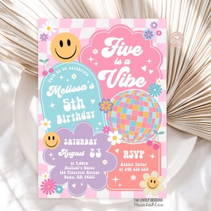 Bearbeitbares Fünf ist ein Vibe Kariertes Lächeln Gesicht Einladung Retro Groovy 5. Geburtstag Emoji Einladung Hippie Disco Party DRUCKBARE DOWNLOAD