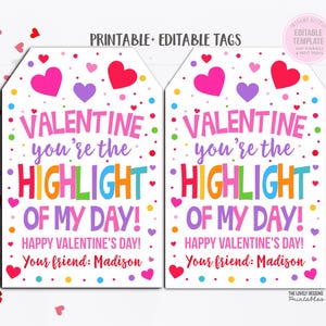 Textmarker Valentinstag Tags Sie sind das Highlight meines Tages Geschenkanhänger Vorschule Valentinstag Klassenzimmer Druckbare Nicht-Süßigkeiten bearbeitbare Tags
