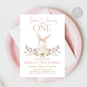 Bunny Birthday invitation Some bunny is turning one Birthday invitation Pink Floral Spring Rabbit Birthday Invitation Editable DOWNLOAD SBF7