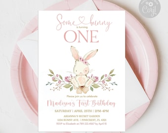 Bunny Birthday invitation Some bunny is turning one Birthday invitation Pink Floral Spring Rabbit Birthday Invitation Editable DOWNLOAD SBF7