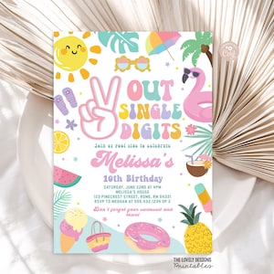 May include: A colourful invitation for a 10th birthday party with a summer theme. The invitation features a peace sign, a flamingo float, a watermelon, a pineapple, a doughnut, and ice cream cones. The text on the invitation reads "Out Single Digits" and "Melissa's 10th Birthday".