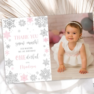 EDITIERBARE Danke Schnee Vielen Dank Karte mit Foto Winter Wonderland Geburtstag Schneeflocken Rosa und Silber Karten DRUCKBARE DOWNLOAD SWP2