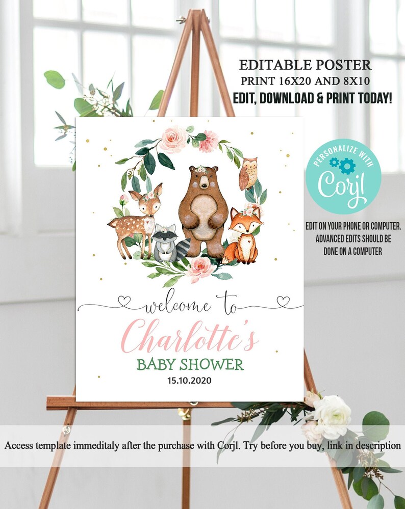 Woodland Baby Shower Sign EDITABLE Template Woodland Etsy