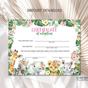 Adopt an Animal Adoption Certificate Jungle Girl Birthday Safari Animals Wild One Zoo Printable Jungle Adoption Certificate INSTANT DOWNLOAD