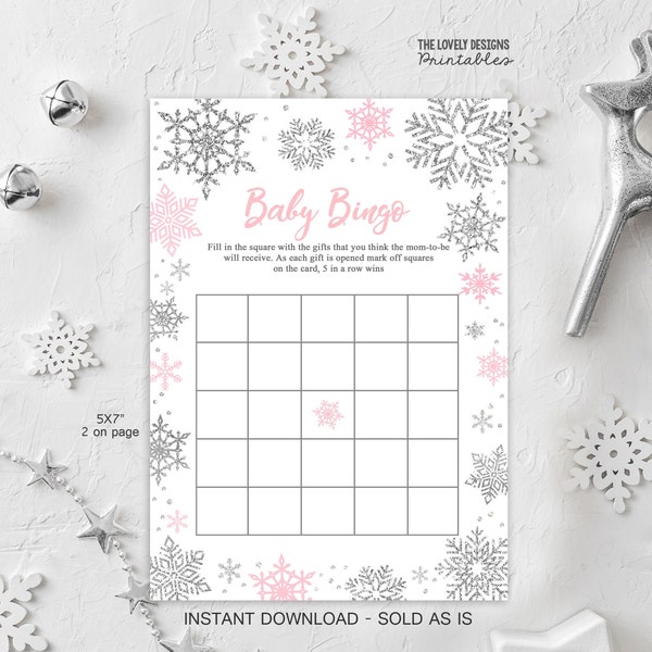 Winter Baby Bingo Game Winter Baby Shower Snowflakes Pink and Silver Game Printable Winter Wonderland Shower Activity INSTANT DOWNLOAD SWP2