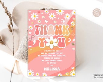 Carte de remerciement groovy modifiable anniversaire Groovy Daisy tricolore arc-en-ciel sourire hippie rétro des années 70 Party Two Groovy One TÉLÉCHARGEMENT IMPRIMABLE GRT3