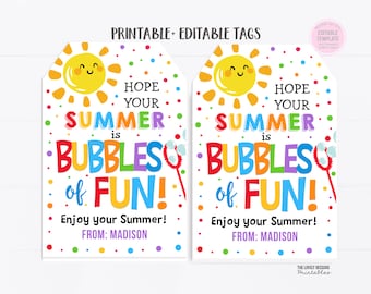 End of School Bubble Tags Summer Bubble Favor Tag Kids Preschool Classmate Teacher Gifts Label Bubbles with Fun Printable Editable Download