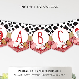 Farm Birthday Banner: A-Z Alphabet, Numbers (Printable Instant Download)