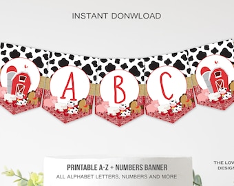 Farm Banner Farm Birthday Banner A-Z Alphabet Numbers Custom Banner Farm Bandana Red Animals Barnyard Bash Printable Instant Download FBR