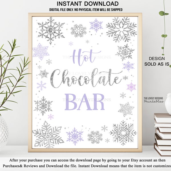 Winter Hot Chocolate Bar Sign Winter Wonderland Party Sign Snowflakes Lavender Purple Hot Cocoa Sign Dessert Table INSTANT DOWNLOAD SWL6