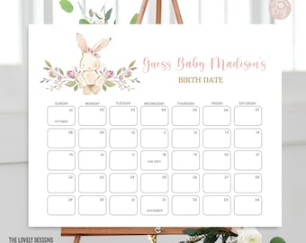May include: A printable baby shower game with a pink floral design and a bunny rabbit illustration. The game asks guests to guess the baby's birth date. The calendar is for October and November.