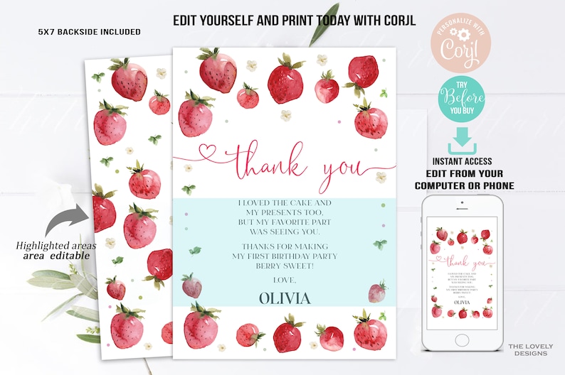 EDITABLE Strawberry Thank You Card Sweet Strawberry Birthday Etsy