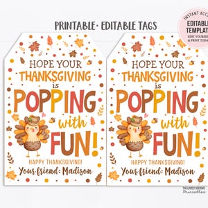 Könnte beinhalten: Zwei druckbare Geschenkanhänger zum Erntedankfest mit einem Cartoon-Truthahn und dem Text "Ich hoffe, dein Erntedankfest ist voller Spaß!" und "Frohes Erntedankfest! Dein Freund: Madison".