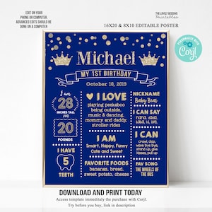 EDITABLE Prince Royal Blue First Birthday Chalkboard Poster  Blue gold glitter 1st Birthday Milestone Little Prince theme Instant Download