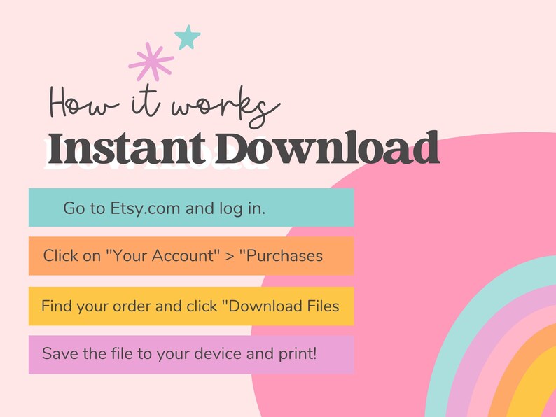 K&ouml;nnte beinhalten: Eine rosa und blaue Grafik mit dem Text "How it works Instant Download" und Anweisungen zum Herunterladen einer digitalen Datei von Etsy.com. Die Anweisungen lauten: Gehen Sie zu Etsy.com und melden Sie sich an. Klicken Sie auf "Your Account" > "Purchases". Finden Sie Ihre Bestellung und klicken Sie auf "Download Files". Speichern Sie die Datei auf Ihrem Ger&auml;t und drucken Sie sie aus!