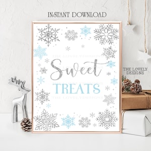Winter zoete lekkernijen teken Winter Onederland verjaardag teken Winter sneeuwvlokken blauw en zilver Winter Wonderland Dessert tabel INSTANT DOWNLOAD