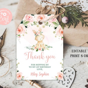 EDITABLE Bunny Favor Tag Bunny Thank You For Hopping By Birthday Easter Floral Pink Gift Tag Some Bunny Birthday PRINTABLE DOWNLOAD BPF4