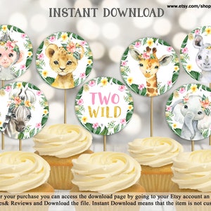 Jungle Two Wild Cupcake Toppers Jungle Girl Birthday Party Tags Safari Animals Zoo Circles Decoration Toppers Printable DIY INSTANT DOWNLOAD