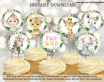 Jungle Two Wild Cupcake Toppers Jungle Girl Birthday Party Tags Safari Animals Zoo Circles Decoration Toppers Printable DIY INSTANT DOWNLOAD