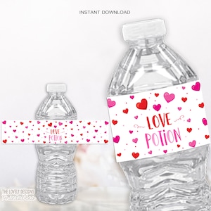 May include: Two clear plastic water bottles with printable labels that say "Love Potion" in pink and red text. The labels are decorated with pink and red hearts.