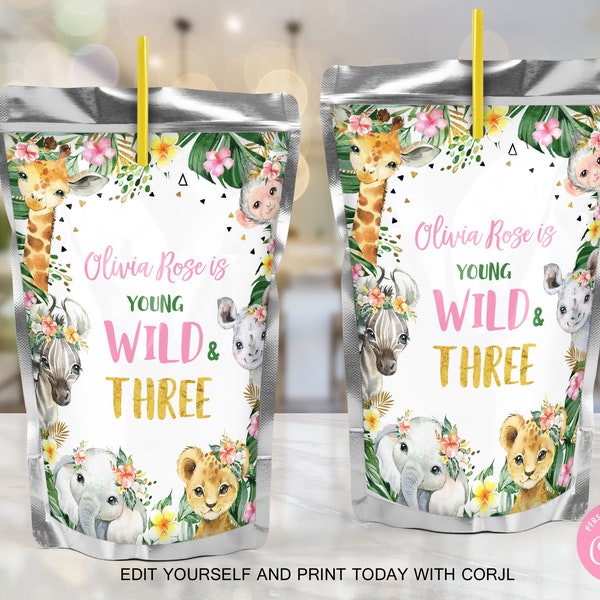 EDITABLE Jungle Young Wild and Three Juice Pouch Label Jungle Girl 3rd Birthday Jungle Juice Bags Labels Safari Animals PRINTABLE DOWNLOAD