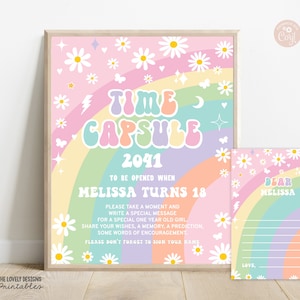 BEWERKBARE Daisy Time Capsule Sign bijpassende kaart Groovy 1e verjaardag regenboog roze paars mint retro hippie jaren 70 partij AFDRUKBARE DOWNLOAD GRP8