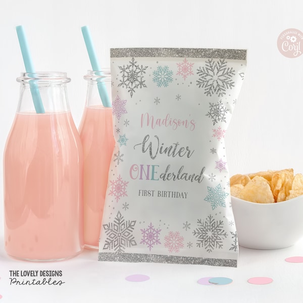 EDITABLE Winter Onederland Chip Bag Wrapper Winter Wonderland Birthday Snowflakes Pink Purple Teal Favor Bag Snacks PRINTABLE DOWNLOAD SW3C