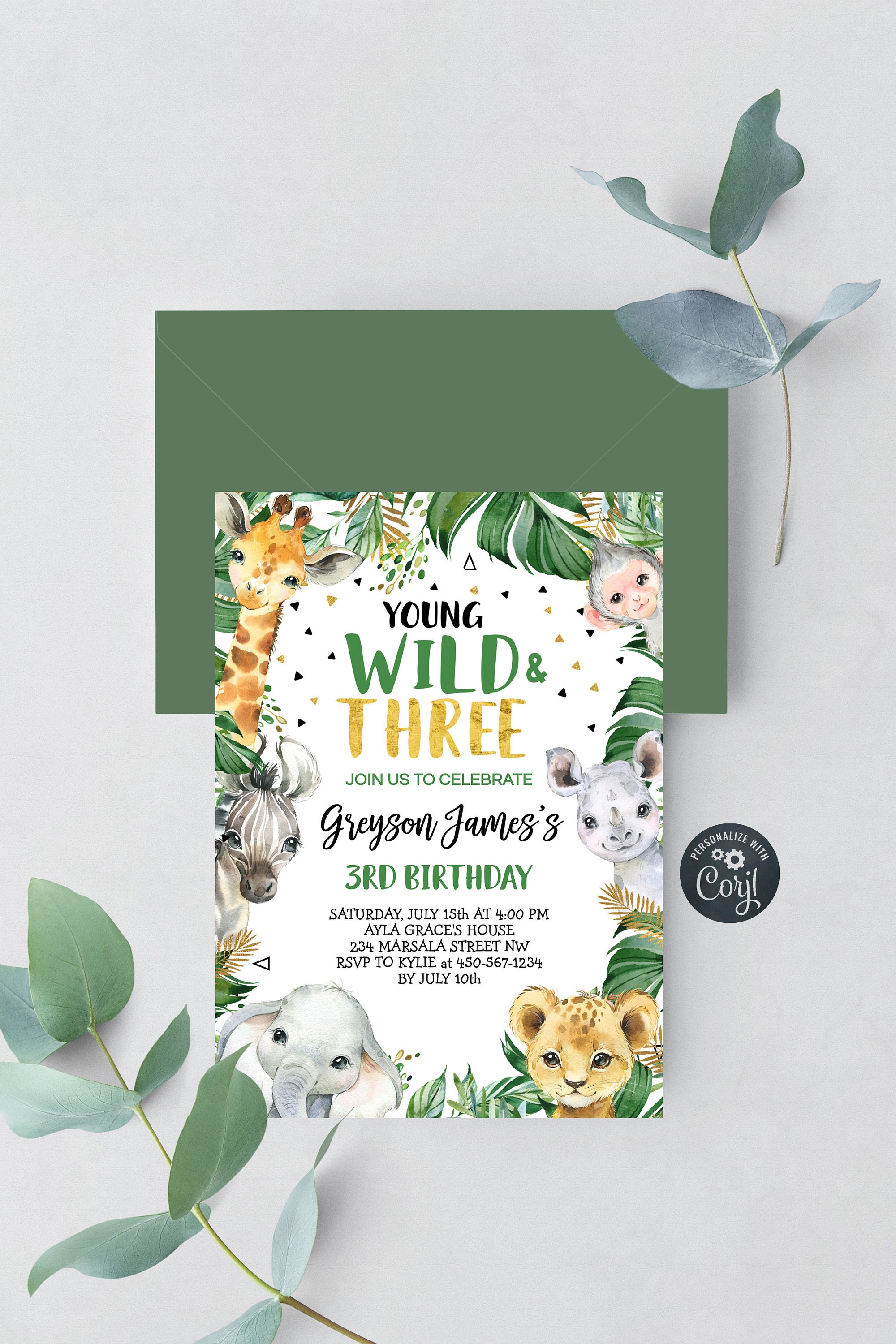 Editable Groovy Young Wild and Three 3rd Birthday Invite -  Denmark