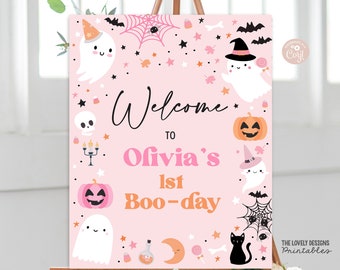 Letrero de bienvenida de Halloween Little Boo editable para cumpleaños de Halloween, rosa, fantasma espeluznante, lindo, fiesta espeluznante, imprimible, descarga PC4