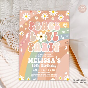 EDITABLE Groovy Peace Love Party Birthday Invitation Any Age Daisy Groovy Rainbow Hippie Retro 70&#39;s Party Invitation PRINTABLE DOWNLOAD GRM4