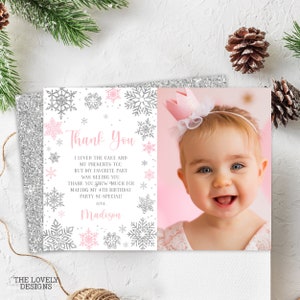 EDITABLE Winter Thank You Card with Photo Winter Birthday Snowflakes Pink & Silver Winter Wonderland Thank You Notes PRINTABLE DOWNLOAD SWP2