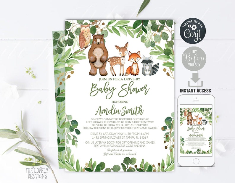 Editable Drive by Baby Shower Invitation Woodland Drive Etsy