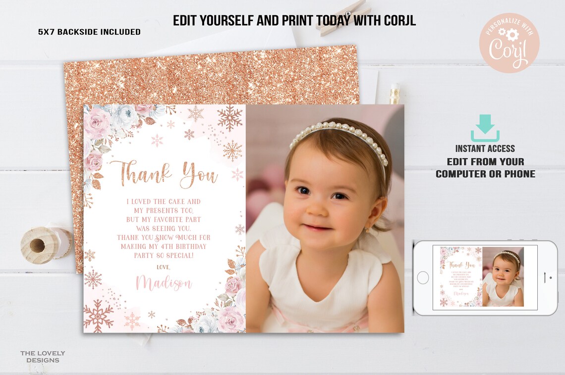Editable Winter Thank You Card With Photo Winter Birthday Rose Gold ...