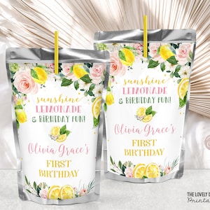 EDITABLE Lemonade Juice Pouch Label Lemonade Birthday Party Sunshine Lemonade Pink Floral Juice Bags Lemon Party PRINTABLE DOWNLOAD PLR1