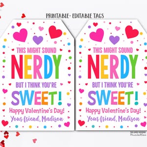 May include: Two Valentine's Day gift tags with a white background. The tags have a colorful design with the words "This might sound nerdy but I think you're sweet!" and "Happy Valentine's Day!" with a name.
