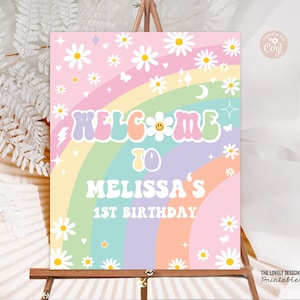 Letrero de bienvenida con diseño de margaritas, ideal para cumpleaños, arcoíris, rosa, morado, menta, retro, hippie, años 70, fiestas, festivales, imprimible, descarga GRP8