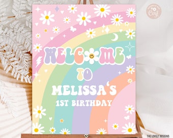 EDITABLE Daisy Groovy Welcome Sign Groovy Birthday Rainbow Pink Purple Mint Retro Hippie 70's Party Festival Vibes PRINTABLE DOWNLOAD GRP8
