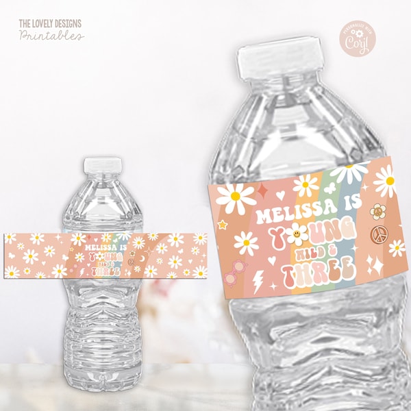 EDITABLE Young Wild and Three Bottle Label Groovy 3rd Birthday Daisy Rainbow Retro Hippie 70's Water Bottle Label PRINTABLE DOWNLOAD GRM4