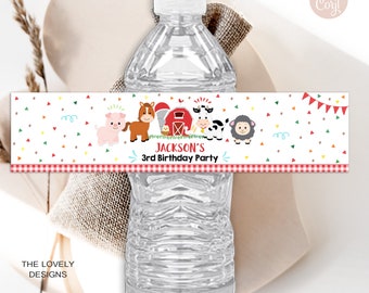 Editable Farm Bottle Label Farm Birthday Farm Red Gingham Water Bottle Wrap Farm Animals Barnyard Party Label Decor PRINTABLE DOWNLOAD FRG15