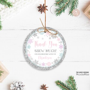 EDITABLE Winter Gift Tag 2" Winter Birthday Snow Much Circle Round Tag Snowflakes Pink Purple Teal Baby Shower Tag PRINTABLE DOWNLOAD SW3C