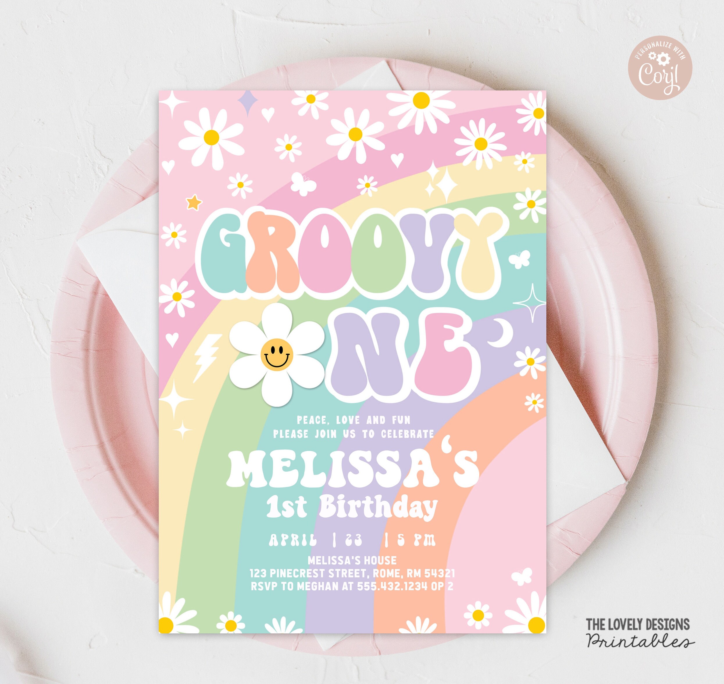 EDITABLE Groovy One Invitation Daisy Groovy 1st Birthday Rainbow Pink Purple Mint Hippie 70s Party Festival Vibes PRINTABLE