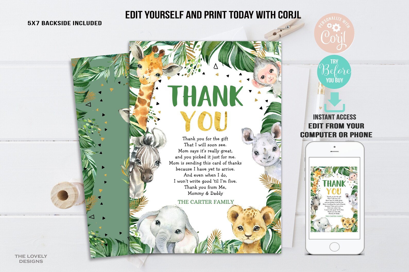 EDITABLE Jungle Thank You Card Jungle Baby Shower Cards Jungle Etsy