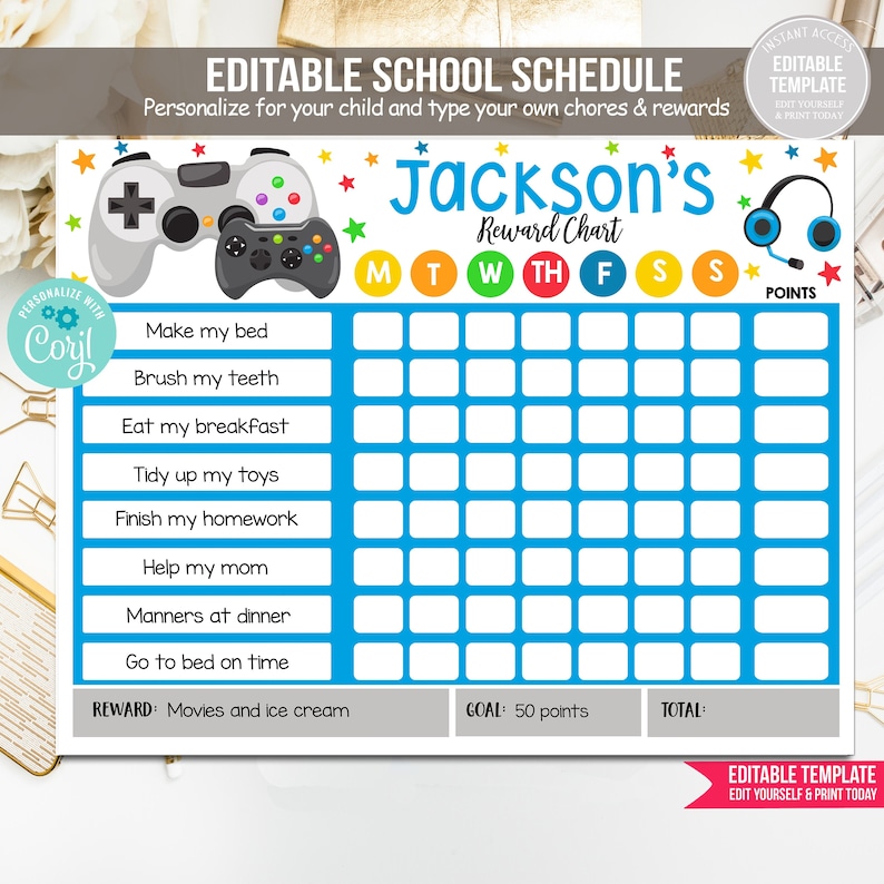 Editable Video Game Reward Chart Video Games Reward for Kids | Etsy