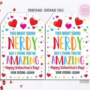 Isso pode parecer uma etiqueta de presente de dia dos namorados nerd, etiqueta de presente de doces de dia dos namorados nerd, etiqueta editável para impressão de amigo professor aluno em sala de aula