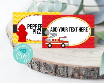 May include: Two printable food labels featuring a fire truck and fire hydrant theme. The red label has a fire engine with a ladder and the text "ADD YOUR TEXT HERE". The yellow label has a fire hydrant and the text "PEPPER PIZZA".