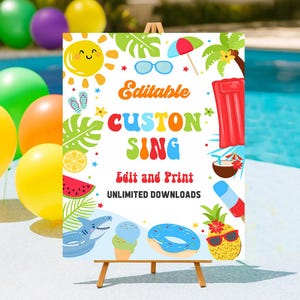 May include: A colorful sign with a beach theme, featuring a smiling sun, sunglasses, and tropical illustrations. The sign includes the text "Editable Custom Sing, Edit and Print, Unlimited Downloads" on a wooden easel, with balloons in the background.