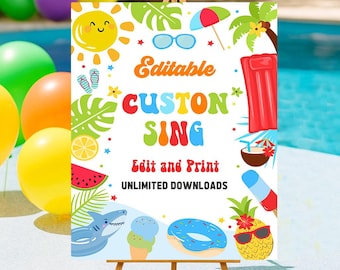 Panneau modifiable de fête à la piscine, entièrement personnalisé, anniversaire, piscine, protection anti-éclaboussures, glissade d'eau, décoration de fête d'été tropicale, garçon, téléchargement immédiat sur carte PCB